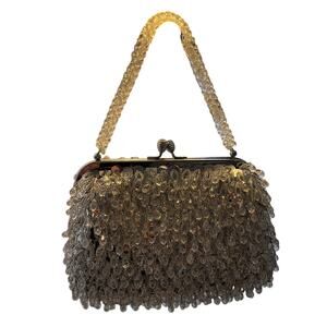 Vintage Beaded Hand Bag Silver & Clear Evening Purse Hong Kong 60s 70s